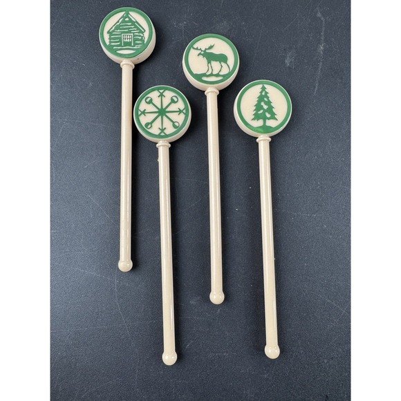 Vintage Swizzle sticks camping outdoor theme cream and green - Picture 1 of 8